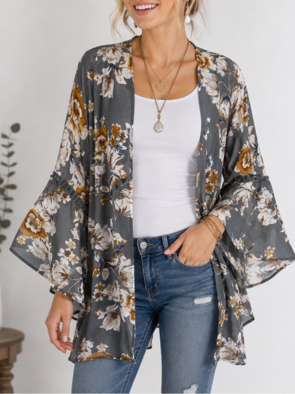 Entro gray & mustard floral kimono shawl featuring an open-front design